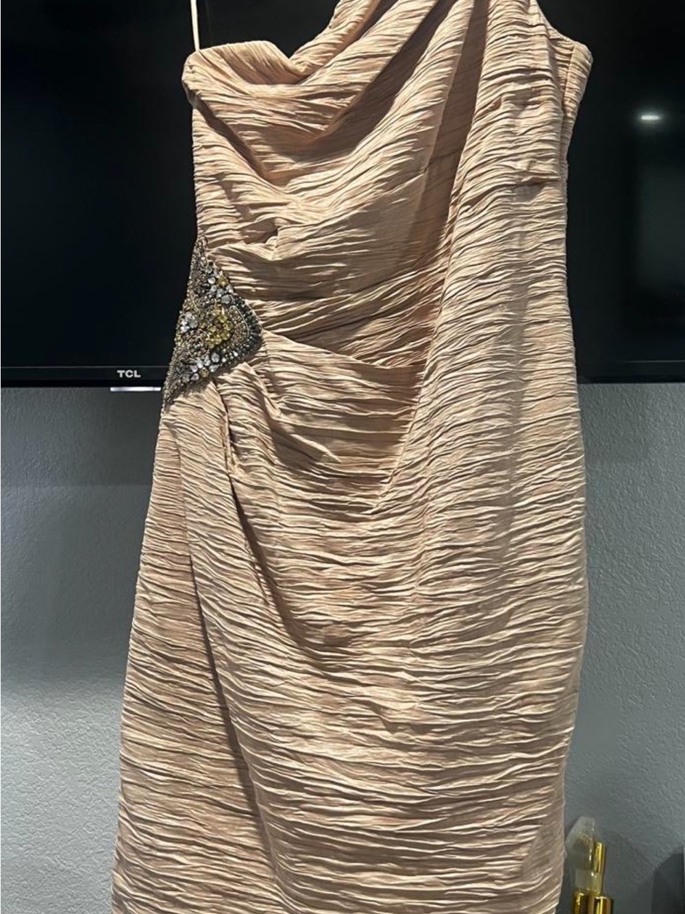 Eliza J Ruched One-Shoulder Midi Dress in Blush Beige with Jeweled Accent